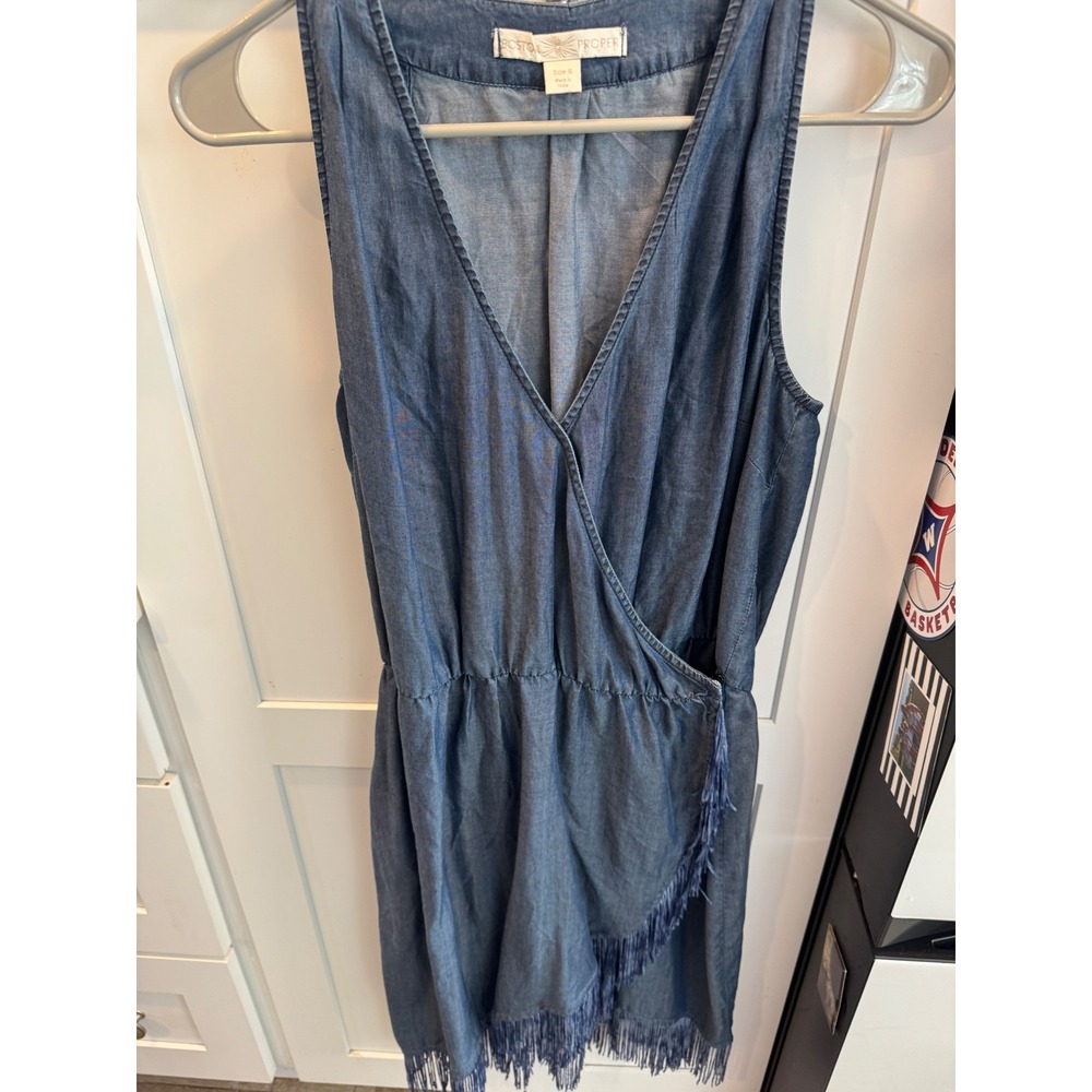 Boston Proper‎ Blue Chambray Fringe Wrap Dress Sleeveless V-Neck Small